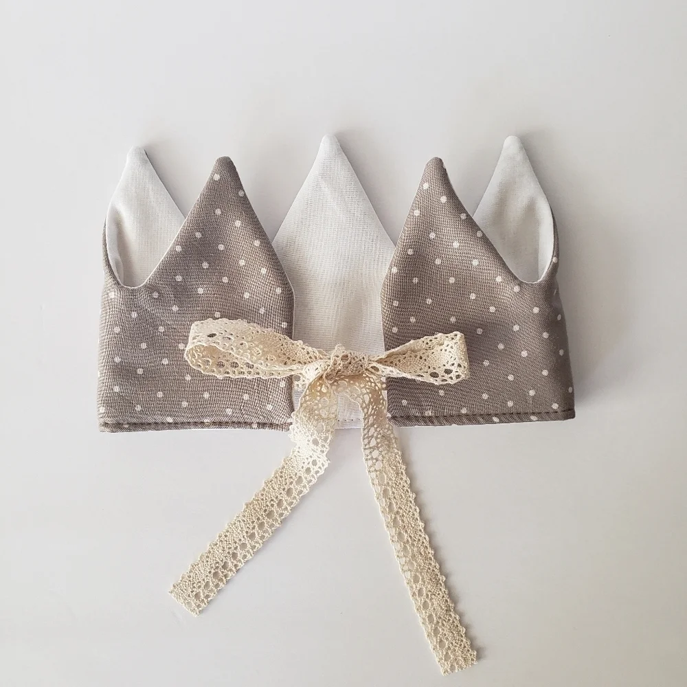 NEW Handmade Cotton Gray Polka Dot Fabric Baby Birthday Crown